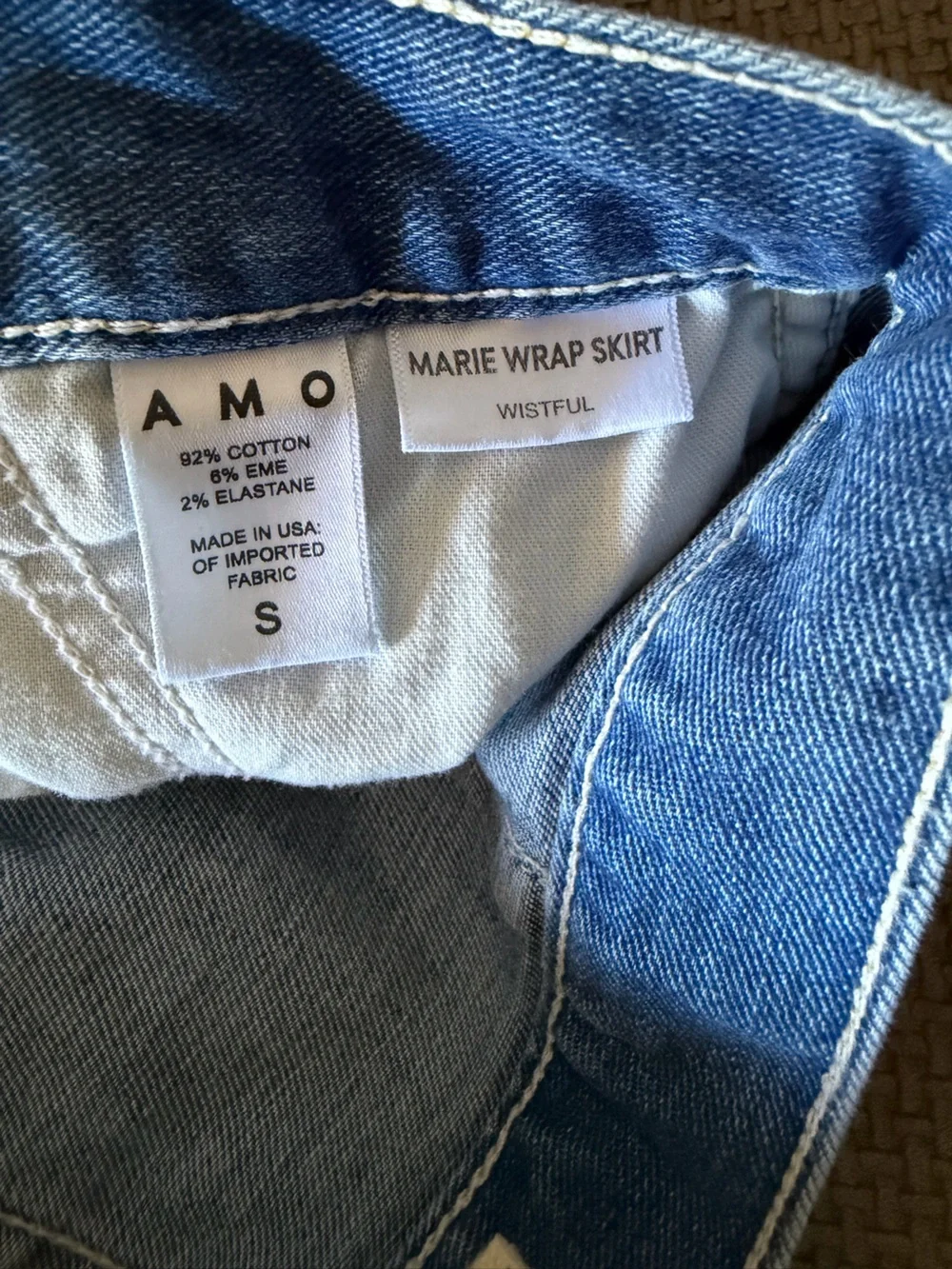 AMO Denim Wrap Skirt Midi Marie  Wistful Medium Wash S Made in USA Stretch Blue